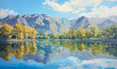 Fototapeta premium Serene Peaceful Lake Reflecting Towering Mountain Ranges, Capturing Breathtaking Scenery and Tranquil Natural Harmony Elegance