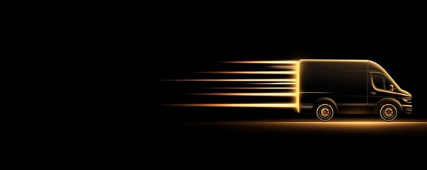 A sleek black delivery van is depicted with motion lines, suggesting speed and efficiency against a dark background.
