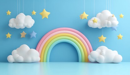 Pastel rainbow, clouds, stars backdrop; nursery decor