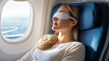 Naklejka premium Young caucasian female relaxing on airplane in eye mask