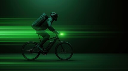 Fototapeta premium A cyclist rides swiftly through a dark, green-lit environment, with motion blur emphasizing speed and a vibrant atmosphere.