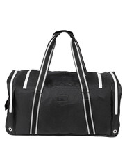 A stylish black duffel bag featuring distinct white stripes on the handles Hockey Equipment Bag