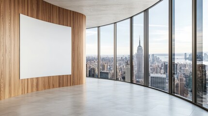 Fototapeta premium Modern executive office with blank poster and large windows overlooking cityscape, featuring minimalist decor and natural light