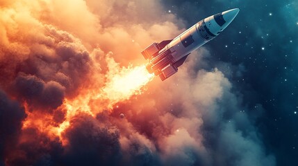 Fototapeta premium Rocket Ascending Through Fiery Cloudscape Towards Stars
