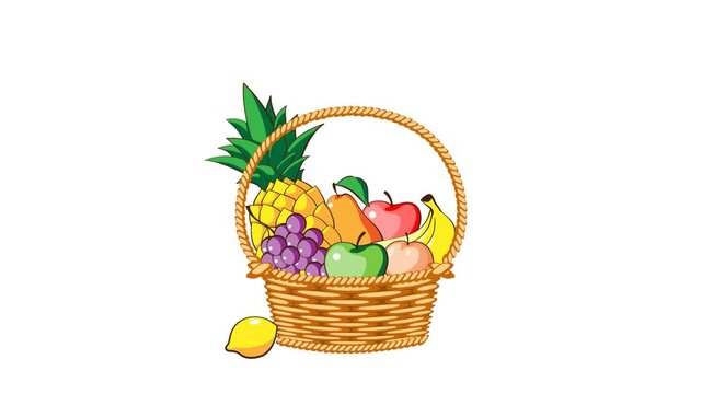 A fruit basket appears out of nowhere. Looping animation.