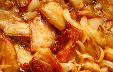 A plate of meat and onions with a brown sauce