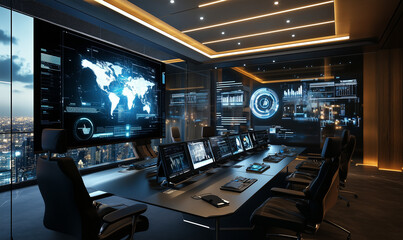 Fototapeta premium Ultra-Modern Strategy Room Presenting Sophisticated Meeting Environment Designed for Innovative Brainstorming Sessions and Executive Collaborations