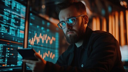 Obraz premium Man wearing glasses analyzing data on multiple screens