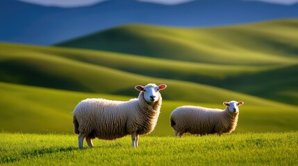 Fototapeta premium Grazing sheep in lush green hills countryside nature photography scenic landscape daylight rural serenity