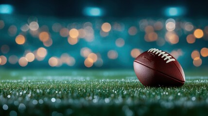 Football resting on the field with blurred stadium lights in the background during a night game