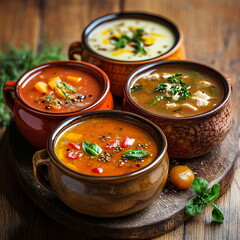 Variety of soups in bowls, top view