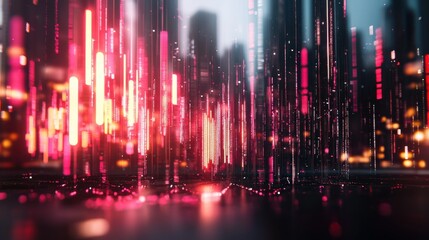 Fototapeta premium Futuristic City with Glowing Neon Lights and Skyscrapers in Dynamic Motion