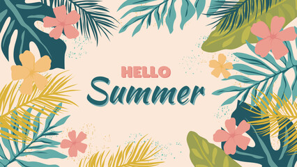 Obraz premium Tropical frame with borders of palm leaves, plants and flowers. Hello summer tropical background with wildlife leaves. Beautiful vector illustration of summer background for design.