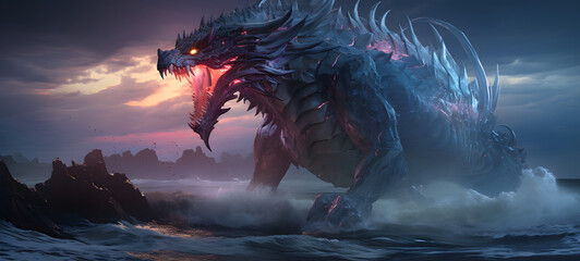 Fototapeta premium an extremely detailed study of a diamond chrome ocean monster standing in a psychedelic landscape