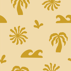 Boho Organic Summer Pattern. Abstract Beach Hand Drawn Background. Boho Sun And Palm Print. Vector Illustration Cutout Naive Style. Ocean Coral Sun Seamless Pattern for Textile. Modern Groovy Bg.