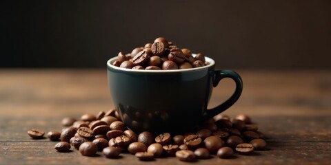 Dark-hued ceramic cup brimming with roasted coffee beans, nestled amongst a scattering of similar beans on a rustic wooden surface, creating a rich and inviting aroma.