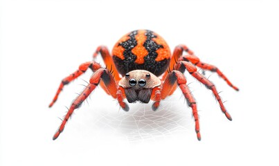 Fototapeta premium Close-up view of a vibrant orange and black spider on a white background, showcasing its intricate features