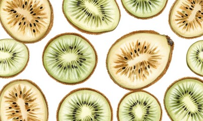 Fototapeta premium A vibrant arrangement of sliced kiwis showcasing their unique textures and colors