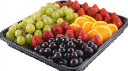 Variety of fresh fruits arranged neatly on a black tray