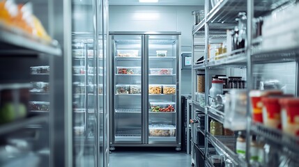 Organized Commercial Kitchen Pantry with Stainless Steel Refrigerators and Shelving Units
