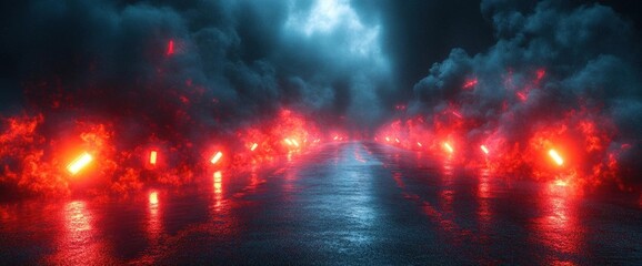 Dramatic Night Scenery with Glowing Red Reflections on Water under Dark Cloudy Sky