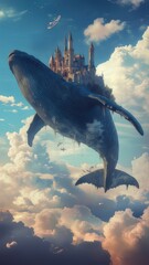 Fototapeta premium Whale in the Sky: A majestic whale soaring gracefully through a sea of clouds, its back adorned with a fantastical castle, inviting viewers to ponder the boundless realms of imagination.