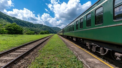 Obraz premium Train journey through verdant hills scenic landscape photography natural beauty outdoor adventure