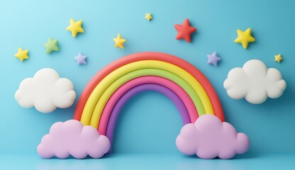 Colorful rainbow, clouds, stars, blue background, nursery decor