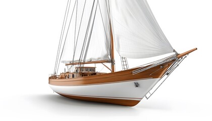 Obraz premium Classic wooden sailing yacht with white sails on white background