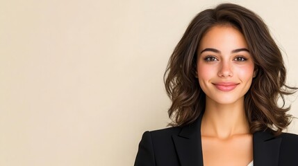 Fototapeta premium Attractive young businesswoman portrait smiling confidently in black blazer against beige background