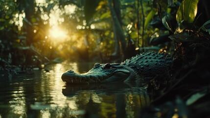 Alligator swims through murky waters of a tropical swamp