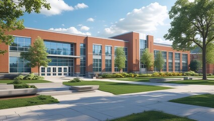 An exterior view of a public school building yard. College or university architecture, an outdoor view of a campus, high school construction, college or university landscape design.