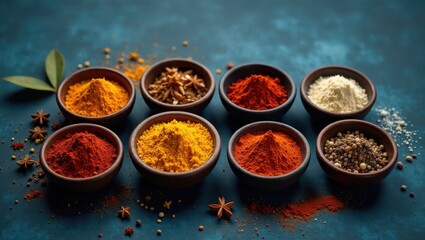 Aromatic Spice Collection Vibrant Yellow Turmeric, Rich Red Chili Powder, and Other Exotic Seasonings in Small Bowls on a Dark Blue Background