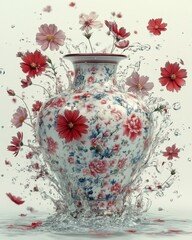 Exquisite floral arrangement in a vintage porcelain vase, splashed with water, creating a dynamic and elegant composition.