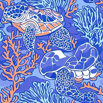 Oceanic Turtle Shell Pattern Waves Coral and Sea Life Design