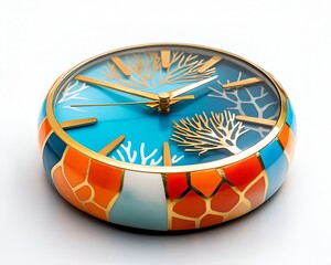 Obraz premium A chic resin clock featuring vibrant coral, turquoise, and gold patterns on a round face.