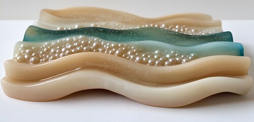 Obraz premium A coastal resin coaster set featuring sandy beige tones, seafoam green, and pearlescent waves.