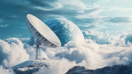 Large satellite dish stands amidst cloudscape with a distant planet