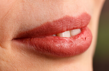 Obraz premium A woman's lips are red and she is smiling