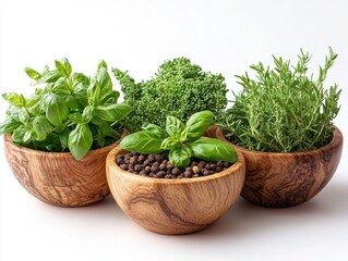 Naklejka premium Fresh Herbs in Wooden Bowls on White Background Culinary Still Life of Basil Thyme and Rosemary for Cooking