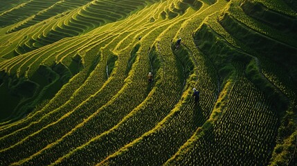 Fototapeta premium Aerial view of farmers working in vibrant green rice terraces at sunrise.