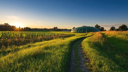 Beautiful agricultural landscape with setting sun and unique structure
