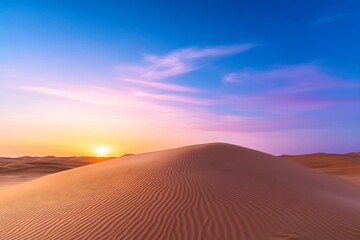 Desert dune crest at colorful sunset; travel destination, nature, serenity