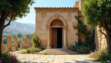 Fototapeta premium Ancient Stone Structure with Open Doorway and Lush Landscaping in a Picturesque Setting