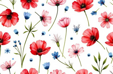 Floral pattern with bright poppies, daisies and cornflowers seamless pattern on white background for the decoration.