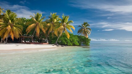 Obraz premium Tropical Island Beach Paradise with Lush Vegetation and Tranquil Water