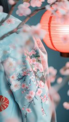 Fototapeta premium Sakura Blossom & Kimono: A captivating shot showcases the exquisite elegance of a traditional kimono adorned with cherry blossom designs, set against the backdrop of a glowing Japanese lantern. 
