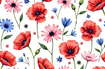 Floral pattern with bright poppies, daisies and cornflowers seamless pattern on white background for the decoration.