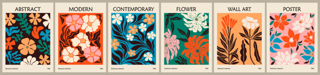 Set of abstract Flower Market posters. Trendy botanical wall arts with floral design in bright colors. Modern naive groovy funky interior decorations, paintings. Vector art illustration. 