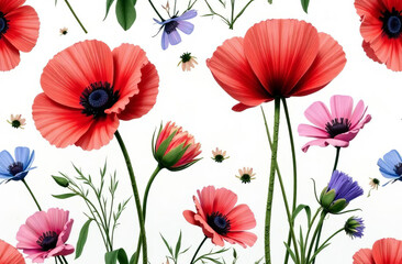 Fototapeta premium Floral pattern with bright poppies, daisies and cornflowers seamless pattern on white background for the decoration.